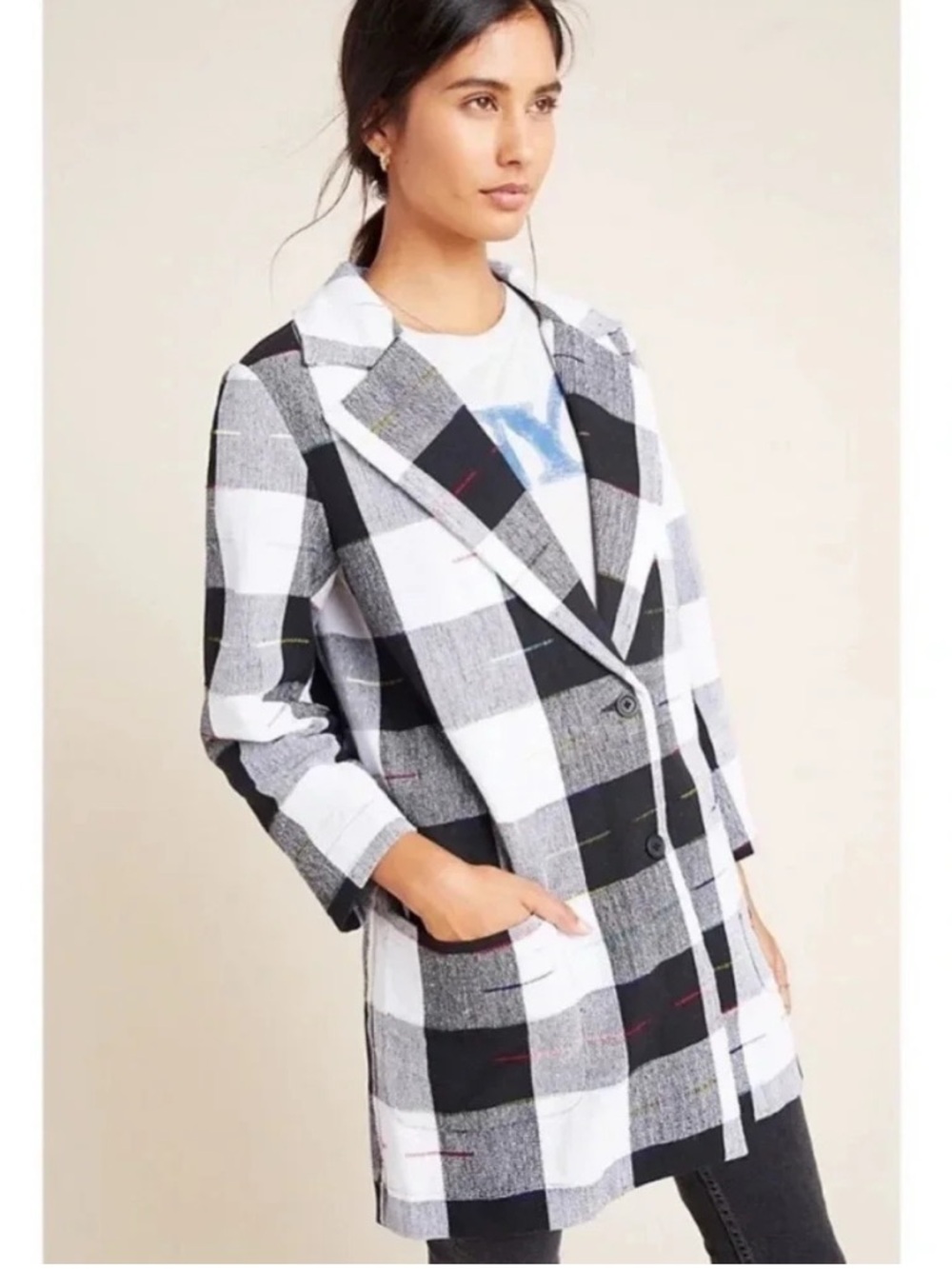 Anthropologie The Odells Cairo Plaid Blazer Jacket Black White Gingham Check L - Picture 13 of 16